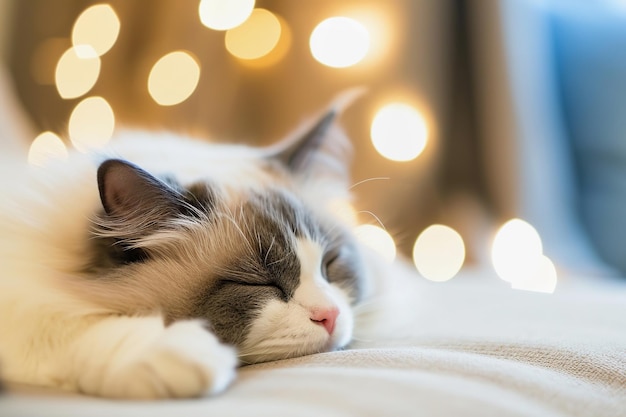 Niedliche Ragdoll-Katze, die drinnen auf einem gemütlichen Bett schläft