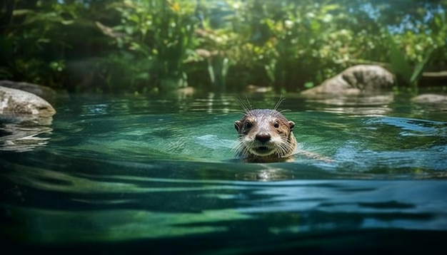 Niedliche Robbe schwimmt unter Wasser und blickt in die Kamera im tropischen Wald, erzeugt durch künstliche Intelligenz