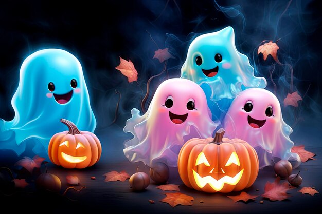 Niedliche rosa und blaue Geister feiern Halloween