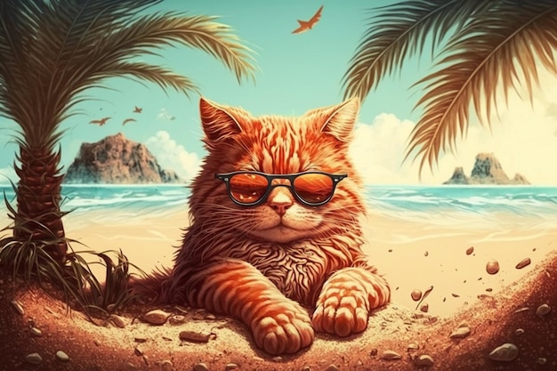 Niedliche rote Katze mit Sonnenbrille, die am Strand liegt. Erstellt mit generativer KI-Technologie