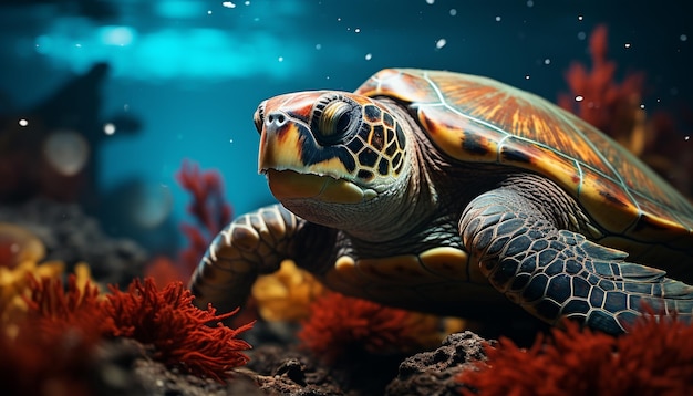 Niedliche Schildkröte schwimmt im blauen Wasser, umgeben von Korallen, die durch künstliche Intelligenz erzeugt wurden