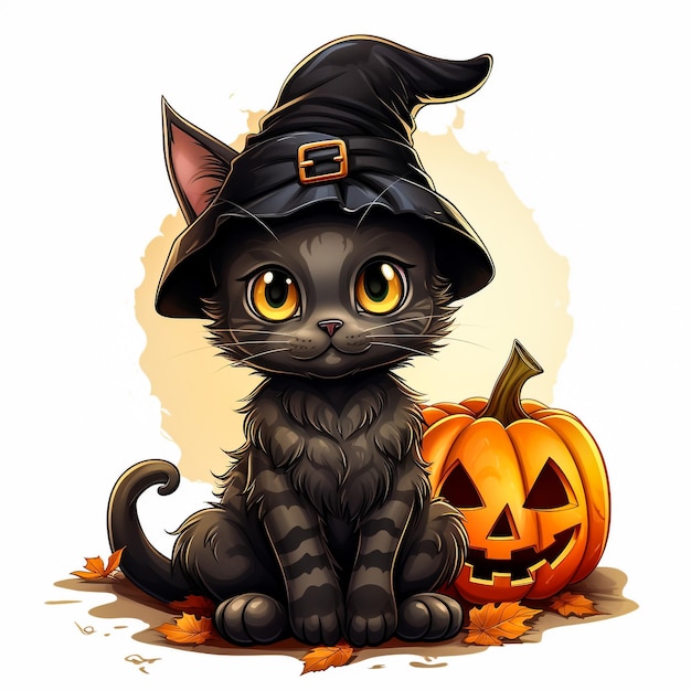 Niedliche schwarze Cartoon-Katze sitzt auf dem Halloween-Kürbis mit gruseligem Gesicht und kleiner Maus, die sich darin versteckt