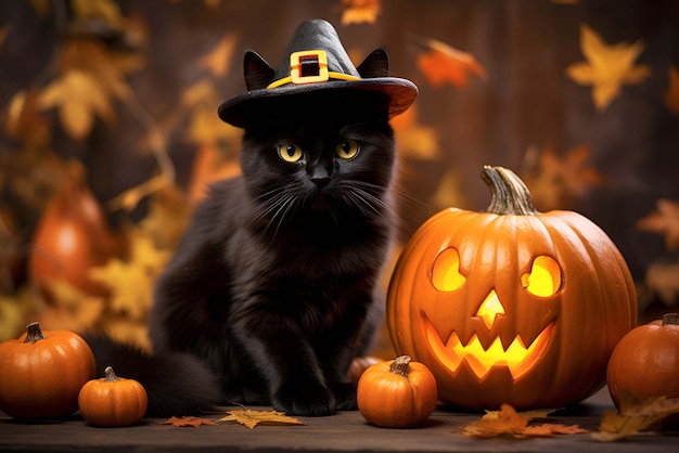 Niedliche schwarze Katze, die zu Halloween einen Zaubererhut trägt und leuchtende Jackolantern-generative KI-Inhalte