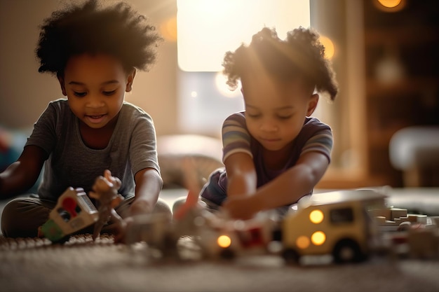 Niedliche schwarze kleine Kinder, die zu Hause mit Spielzeug spielen, bunte Szenenfreunde, die zusammen spielen