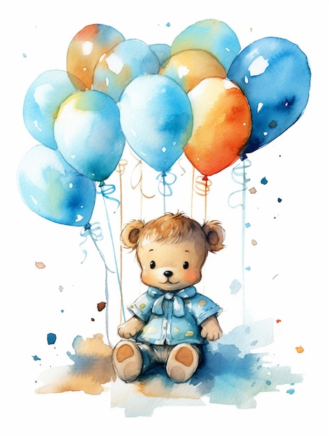 Niedliche Teddybärillustration mit Luftballons in Aquarellkunst