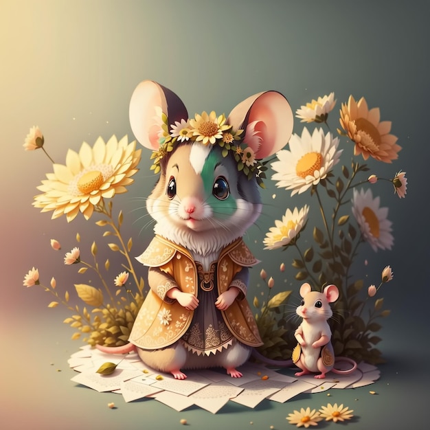 Niedliche und entzückende kleine Maus und Blumen, generative KI