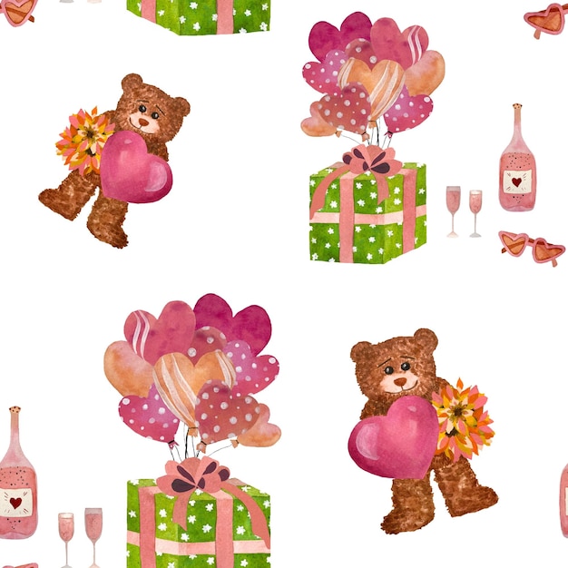 Niedliche Valentinsgrüße tragen nahtloses Muster. Valentinsbär, Herz, Ballon, Geschenkbox, rosa Flasche.