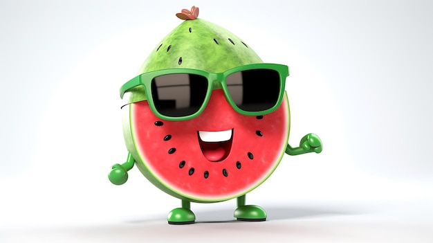 Niedliche Wassermelonen-Kawaii-Cartoon-Figur mit Sonnenbrille isoliert auf weißem Hintergrund