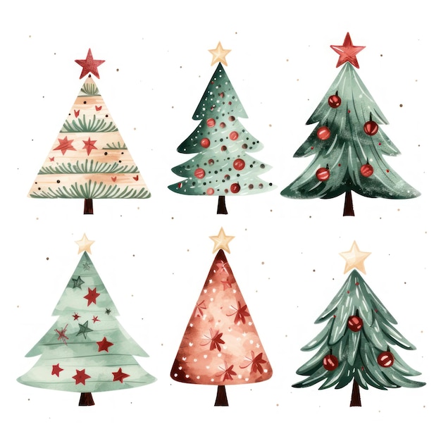 Foto niedliche weihnachts-clipart-illustration von 4 geschmückten weihnachtsbäumen auf weißem hintergrund, ki-generiert