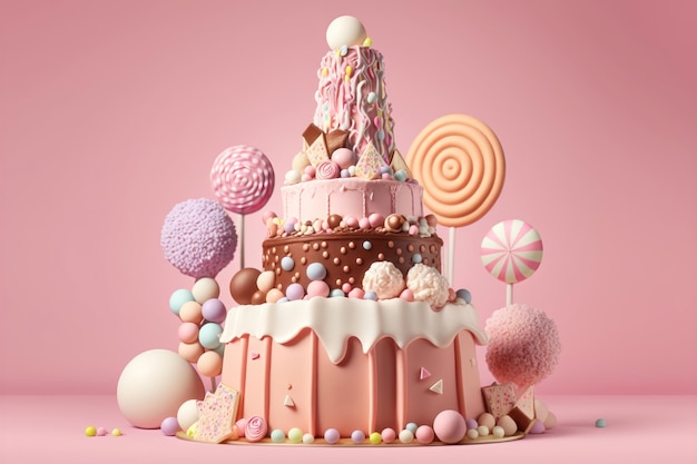 Niedlicher, abgestufter rosa Kuchen zum Geburtstag auf einem rosa Hintergrund AI-Generation