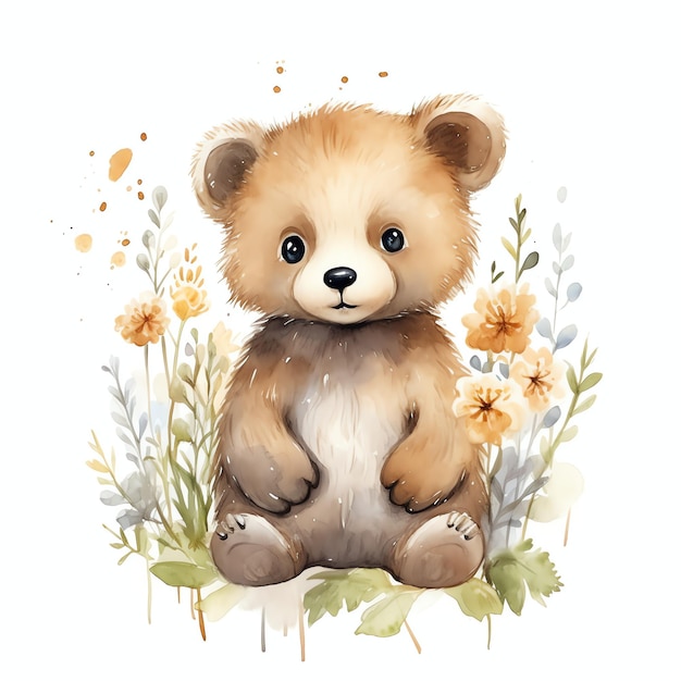 Niedlicher Aquarell-Waldbär mit Blättern, Illustration, Teddybären Clipart