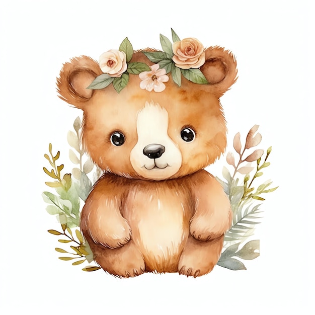 Niedlicher Aquarell-Waldbär mit Blättern, Illustration, Teddybären Clipart