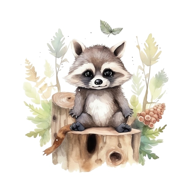 Niedlicher Aquarell-Waschbär mit Blumen-Illustration, Waldtiere Clipart