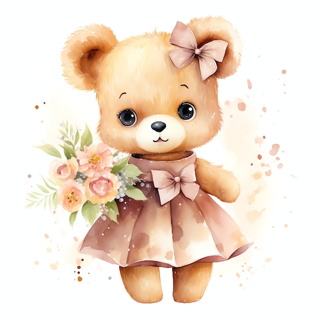 Niedlicher Aquarellbär im rosa Kleid Illustration Teddybären Clipart