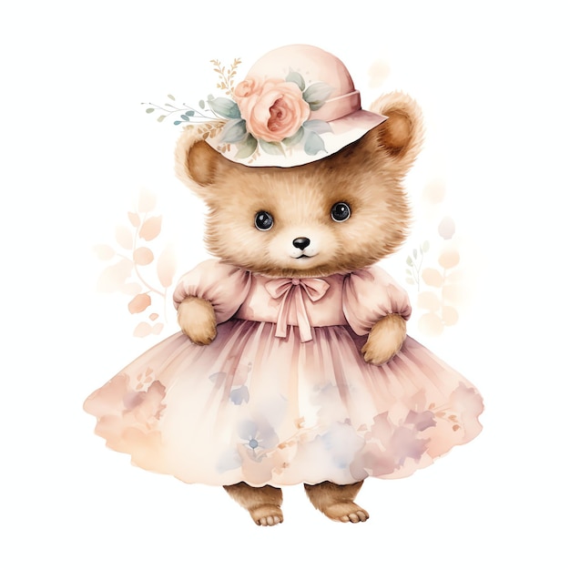 Niedlicher Aquarellbär im rosa Kleid Illustration Teddybären Clipart