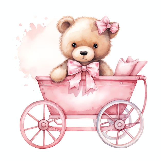 Niedlicher Aquarellbär in rosa Kinderwagen-Illustration, Teddybären Clipart