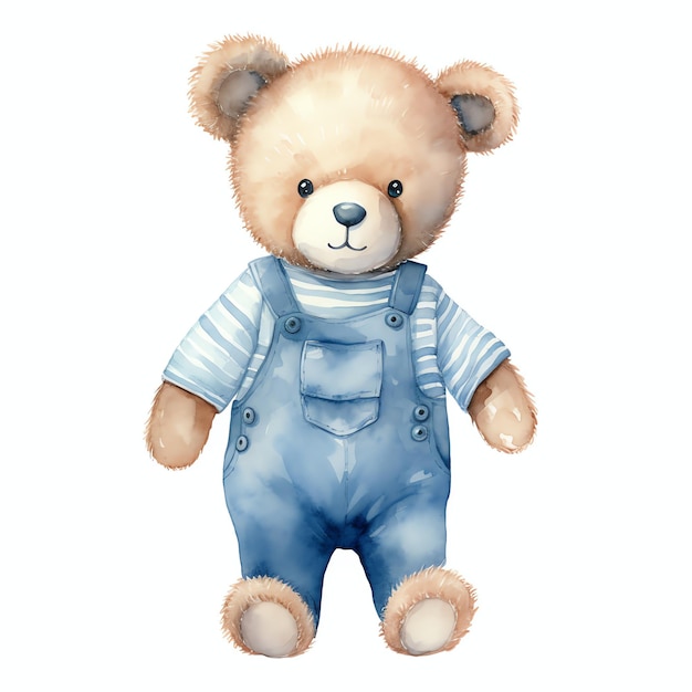 Niedlicher Aquarellbär mit blauer Kleidung Illustration Teddybären Clipart