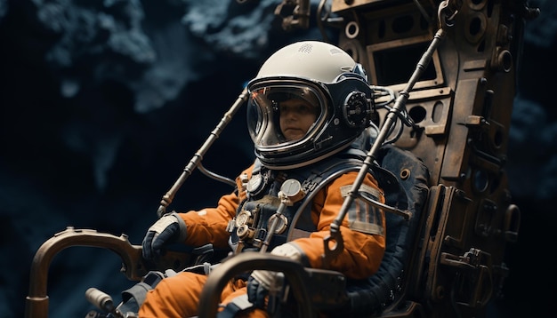 Niedlicher Astronaut im Raumanzug und Helm auf dem Hintergrund eines Raumschiffs