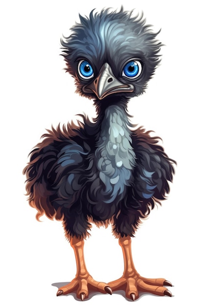 Niedlicher Baby-Emu im Cartoon-Stil auf weißem Hintergrund, generative KI