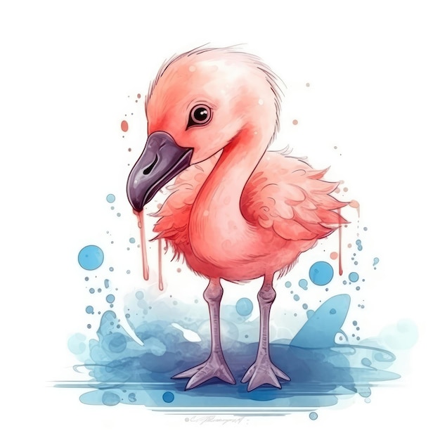 Niedlicher Baby-Flamingo auf weißem Hintergrund, Logo, digitale Kunst, generative KI