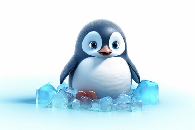 Niedlicher Baby-Pinguin, der auf einer Eisscholle sitzt. Cartoon-3D-Charakter mit weißem Hintergrund