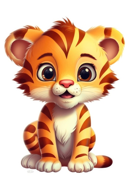 Foto niedlicher baby-tiger im cartoon-stil auf weißem hintergrund, generative ki
