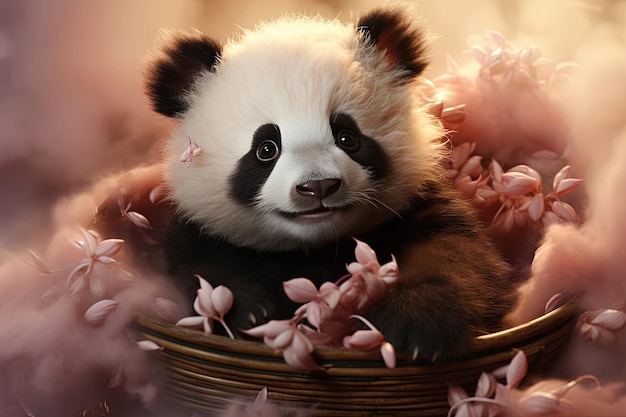 Niedlicher Babypanda in einem Holzeimer mit rosa Blumen auf dunklem Hintergrund, generative KI