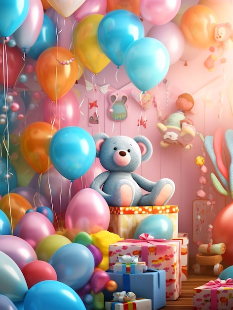 Niedlicher Babyparty-Hintergrund mit Luftballons und Spielzeug