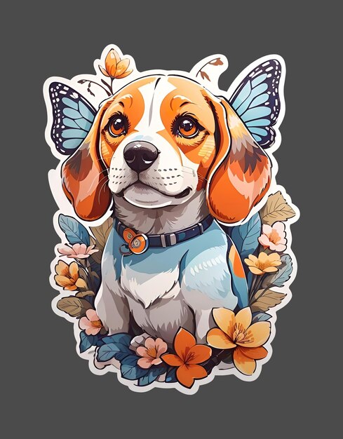 Niedlicher Beagle-Hund, Schmetterling und Blumen-Aufkleber, Vintage-Vektor-Aquarell-T-Shirt-Designdruck