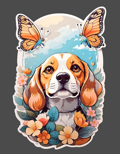 Niedlicher Beagle-Hund, Schmetterling und Blumen-Aufkleber, Vintage-Vektor-Aquarell-T-Shirt-Designdruck