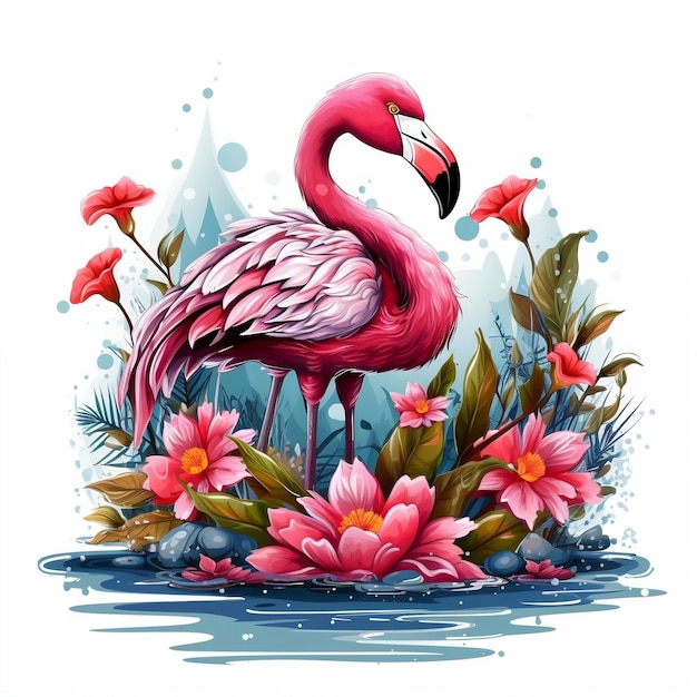 Niedlicher Cartoon-Flamingo mit Blumen im Teich. Generative KI