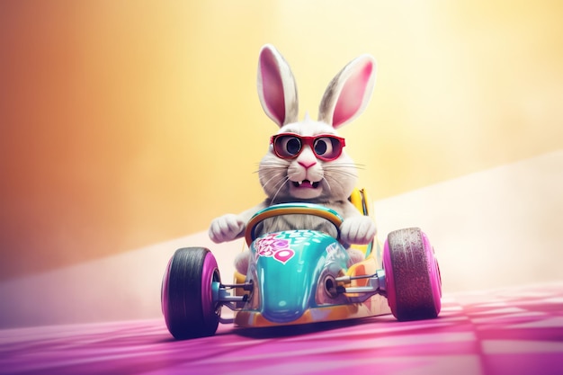 Niedlicher Cartoon-Hase auf Rennwagen. Lustiger Osterhase mit Sonnenbrille auf der Formel 1. Erzeuge KI