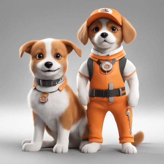 Niedlicher Cartoon-Hund in orangefarbener Kleidung, schöne Ganzkörperpose, lächelnd, klarer weißer Hintergrund