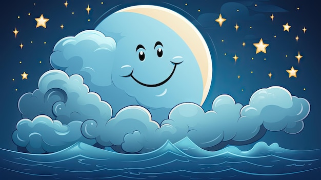 Niedlicher Cartoon-Mond und Wolken am Nachthimmel. Vektorillustration