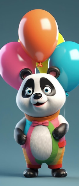 Niedlicher Cartoon-Panda mit sehr großen Augen, der gelfarbene Luftballons hält. Generative KI