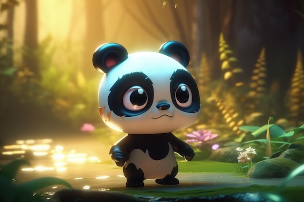 Niedlicher Cartoon-Panda mit sehr großen Augen und mitleidigem Blick auf einen Wald mit einem leuchtenden See, generative KI