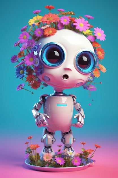 Niedlicher Cartoon-Roboter mit sehr großen Augen, der einen Topf mit bunten Blumen auf einem rosa Hintergrund hält. Generative KI