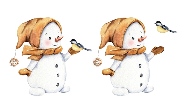 Foto niedlicher cartoon-schneemann mit einer meise auf dem handschuh aquarell kinder illustration weihnachten winter cliparts