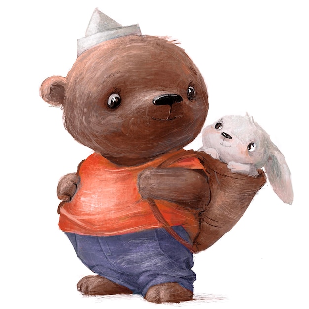 Niedlicher Cartoon-Teddybär mit kleinen weißen Hasen