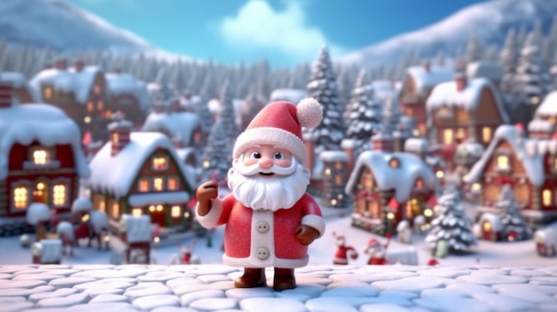Niedlicher Cartoon-Weihnachtsmann in einem Weihnachtsdorf mit generativer KI