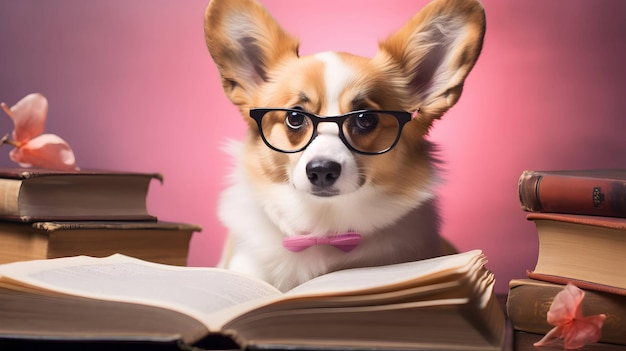 Niedlicher Corgi-Hund-Professor mit Stapel Büchern auf rosa Hintergrund, KI-generiertes Bild