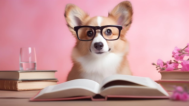 Niedlicher Corgi-Hund-Professor mit Stapel Büchern auf rosa Hintergrund, KI-generiertes Bild