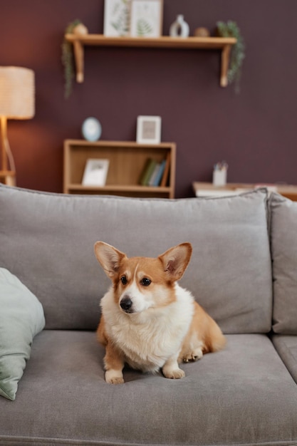 Niedlicher Corgi-Hund sitzt auf einer weichen Couch im Innenbereich