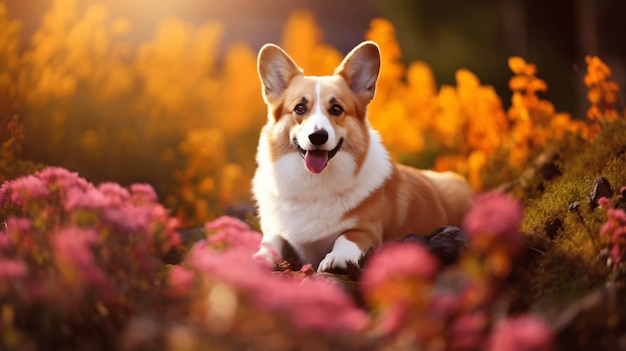 Niedlicher Corgi-Hund sitzt im Herbstgarten zwischen Blumen