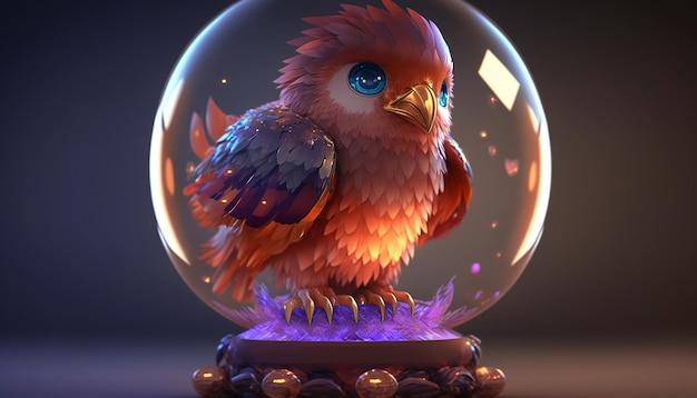 Niedlicher, entzückender Baby-Phönix-Vogel, der im Kristallkugel-AI-Generator-Kunstbild sitzt