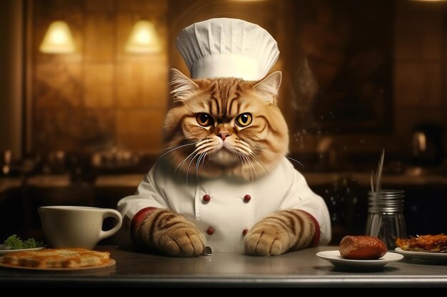 Niedlicher, flauschiger Katzenkoch mit Kostüm, bereit zum Kochen für das Abendessen im Küchenraum Generative Ai