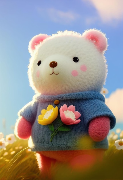 Niedlicher Garnpuppen-Teddybär im Blumenfeld auf glühendem Licht Erstellt mit generativer KI-Technologie