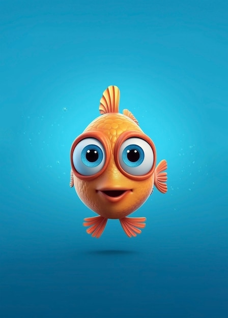 Foto niedlicher, glücklicher orangefarbener fisch mit großen augen, cartoon-illustration im animationsstil, isoliert auf weiß