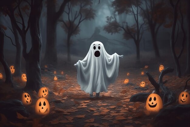 Niedlicher Halloween-Anhänger Der lustige weiße Geist mit Fangzähnen, der eine mit Spinnennetzen umwickelte Kürbislaterne trägt H