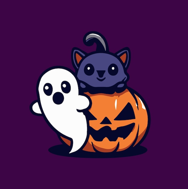 Niedlicher Halloween-Geist mit bösem Kürbis und Illustration Cartoon-Geist Halloween der schwarzen Katze